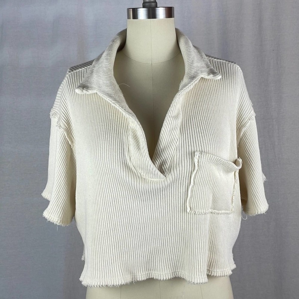 Anthropologie By Together Cream Rib Knit Collared Crop Top